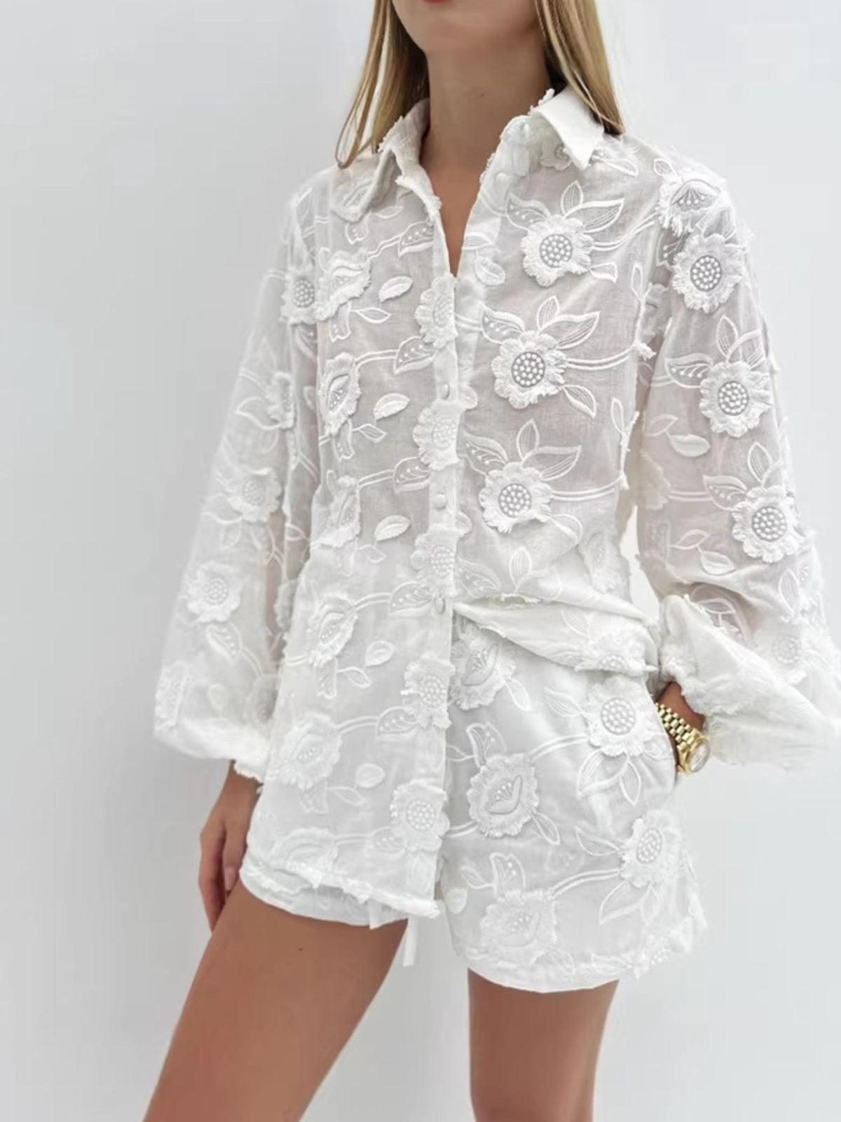 Embroidered white shirt and shorts set side view