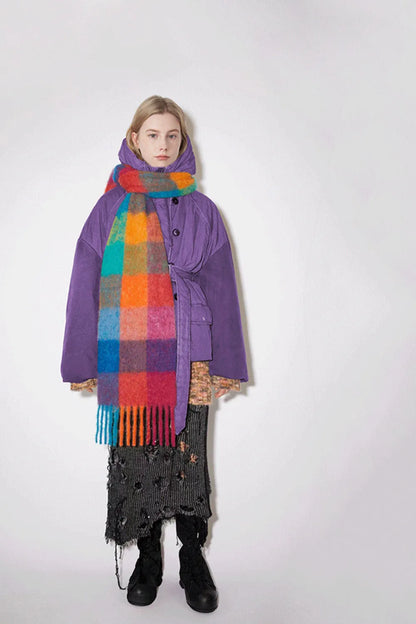Thermal Fringe Contrast Plaid Scarf Blue Orange grid One Size - Fashorio