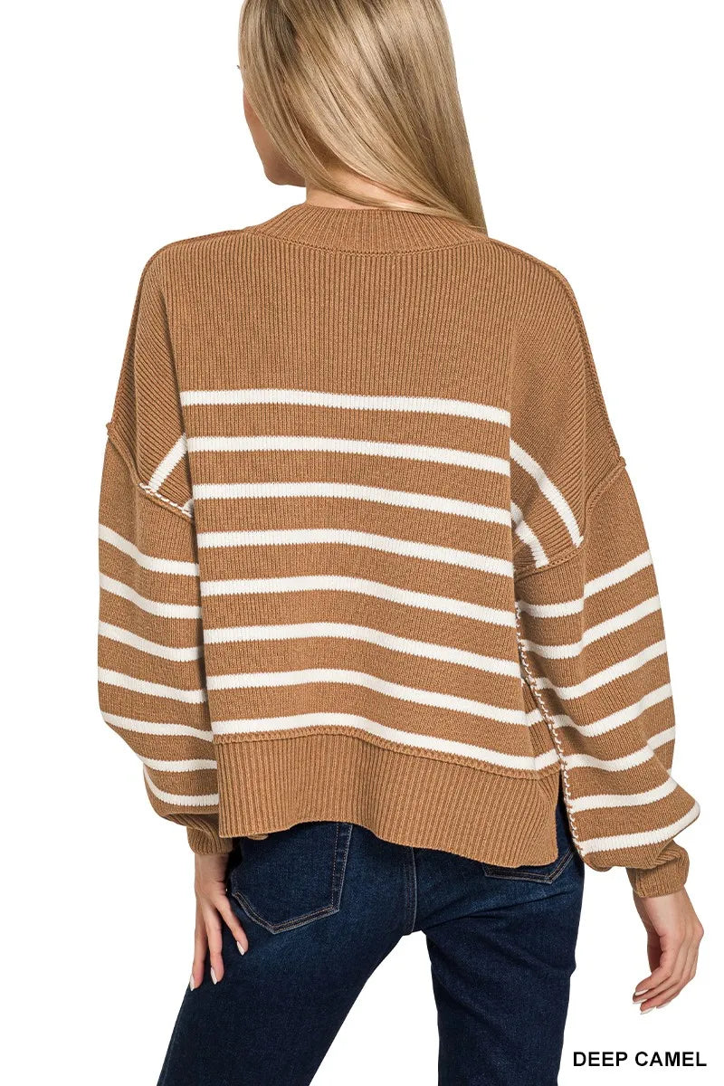Zenana Exposed Seam Striped Oversized Sweater - Fashorio