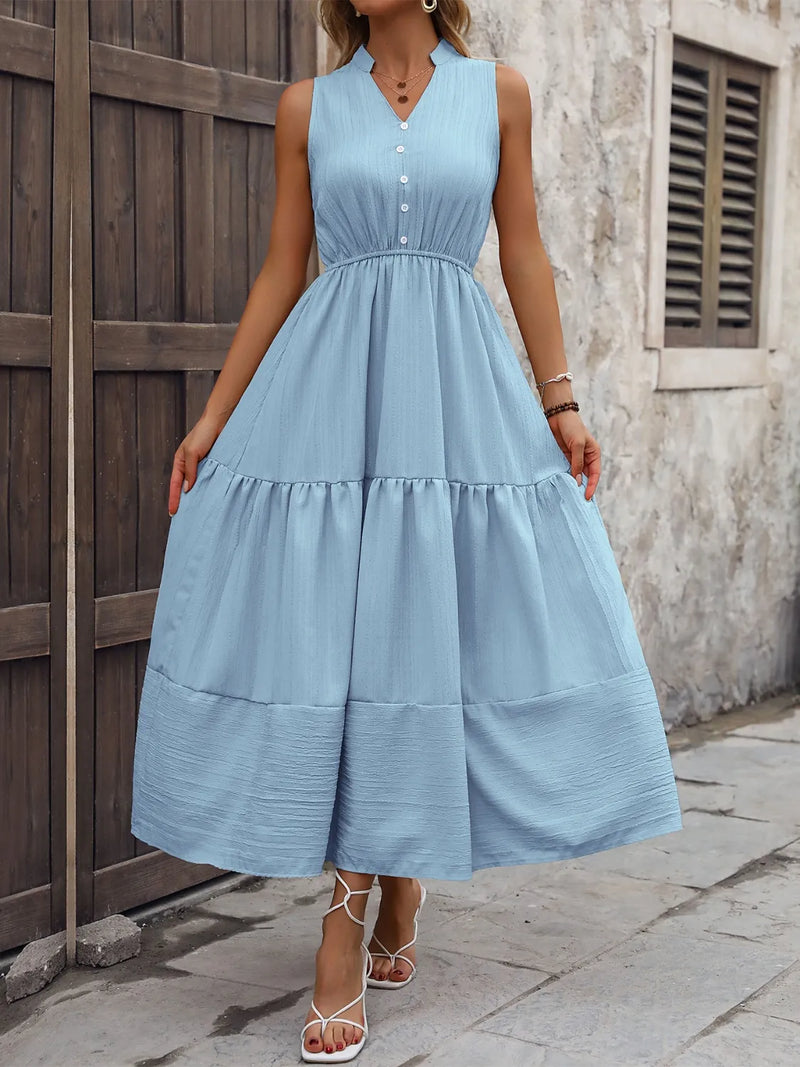 Notched sleeveless maxi tank dress, front view