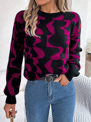 Round Neck Long Sleeve Sweater Deep Rose - Fashorio