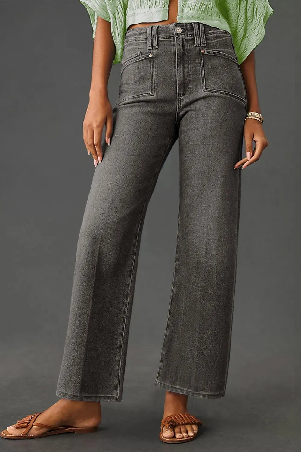 Wide leg jeans shown in dusty blue vintage wash