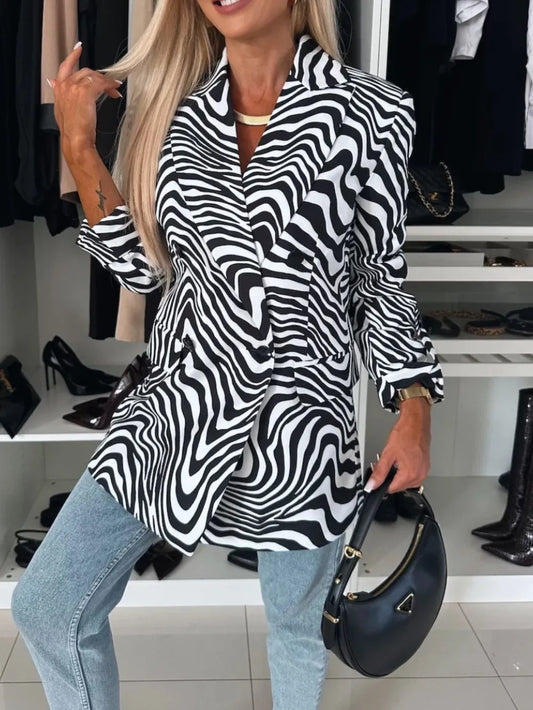 Animal Print Long Sleeve Blazer Black - Fashorio