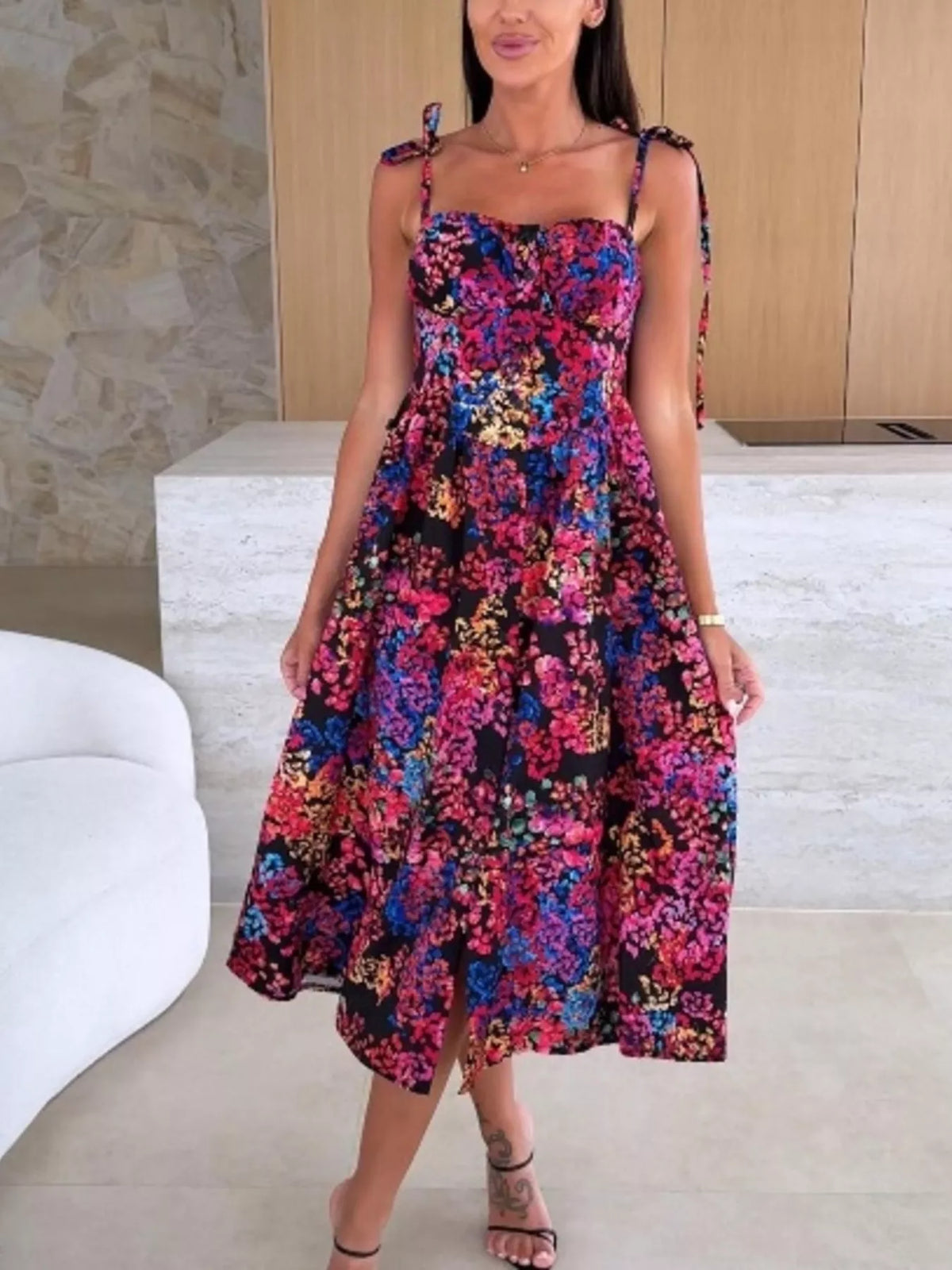 Printed tie strap midi dress front view