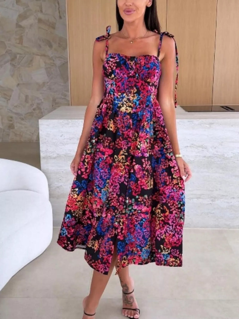 Printed tie strap midi dress front view