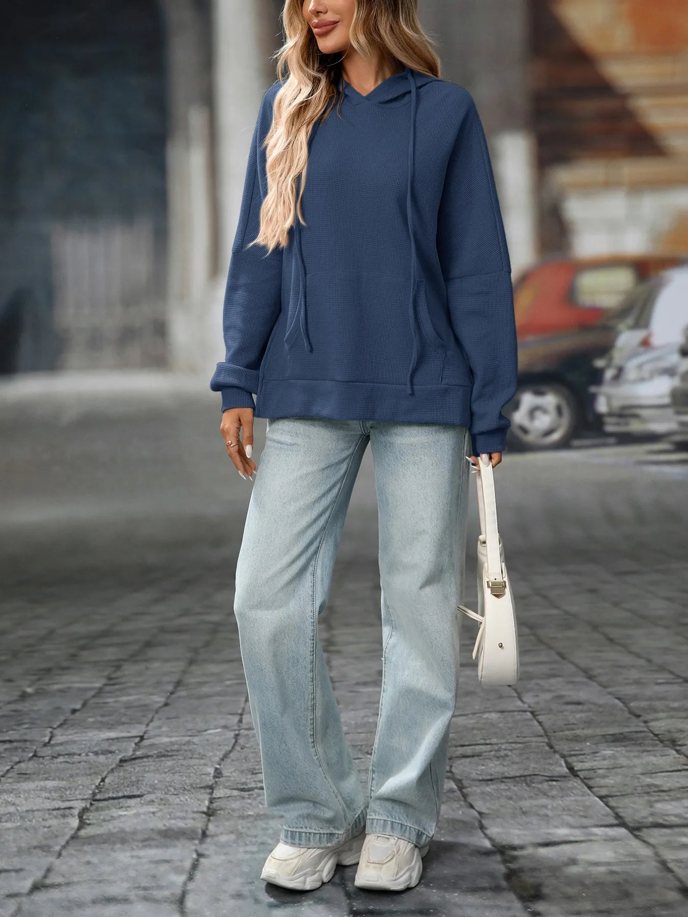 Textured Drawstring Long Sleeve Hoodie - Fashorio