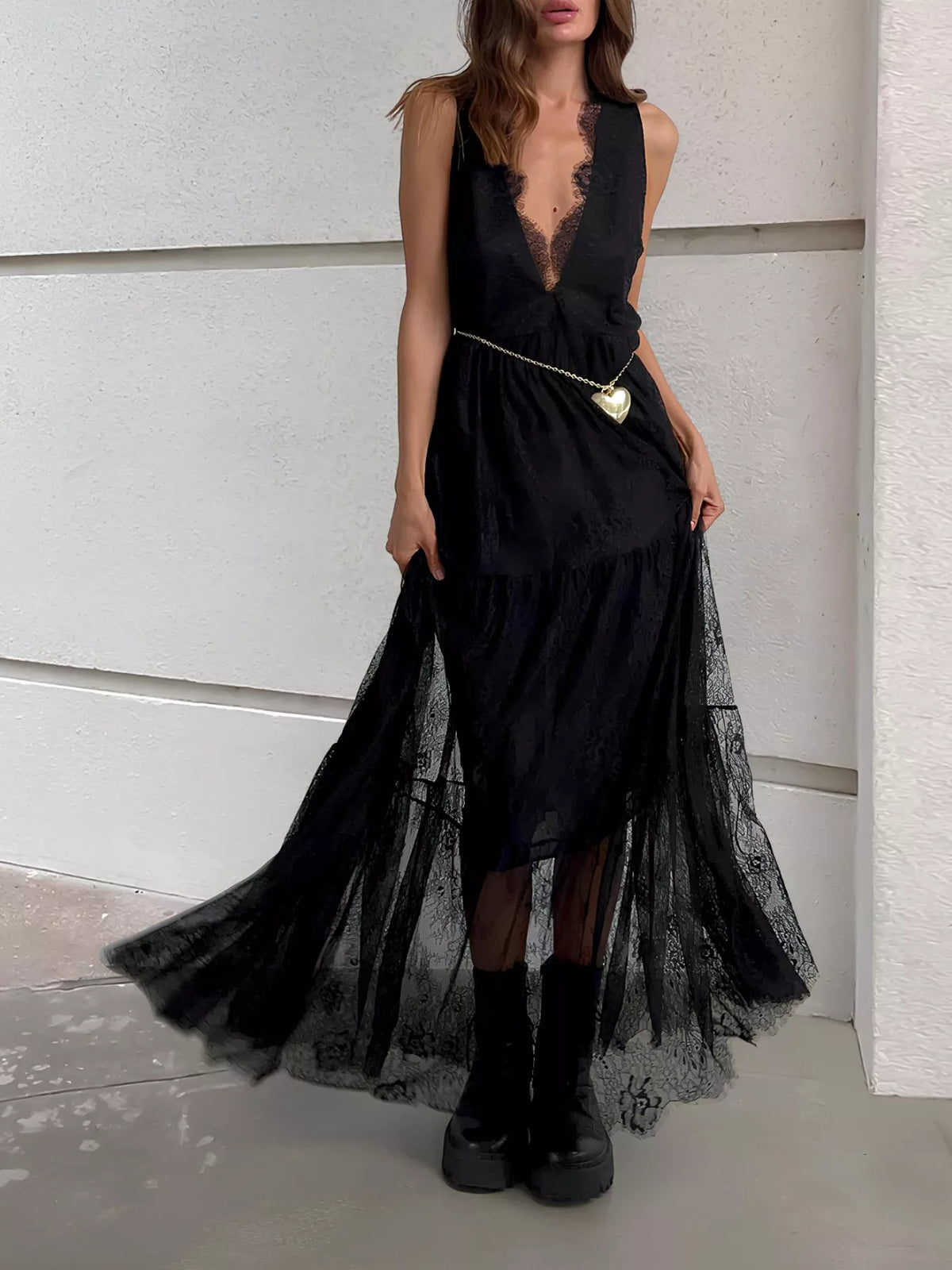 lace deep v neck maxi dress front view