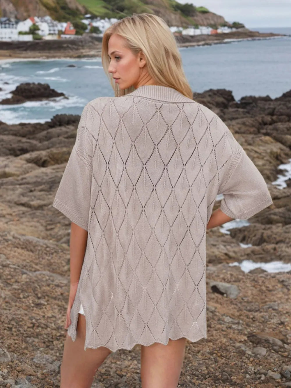 Button Down Eyelet Collared Neck Knit Shirt - Fashorio