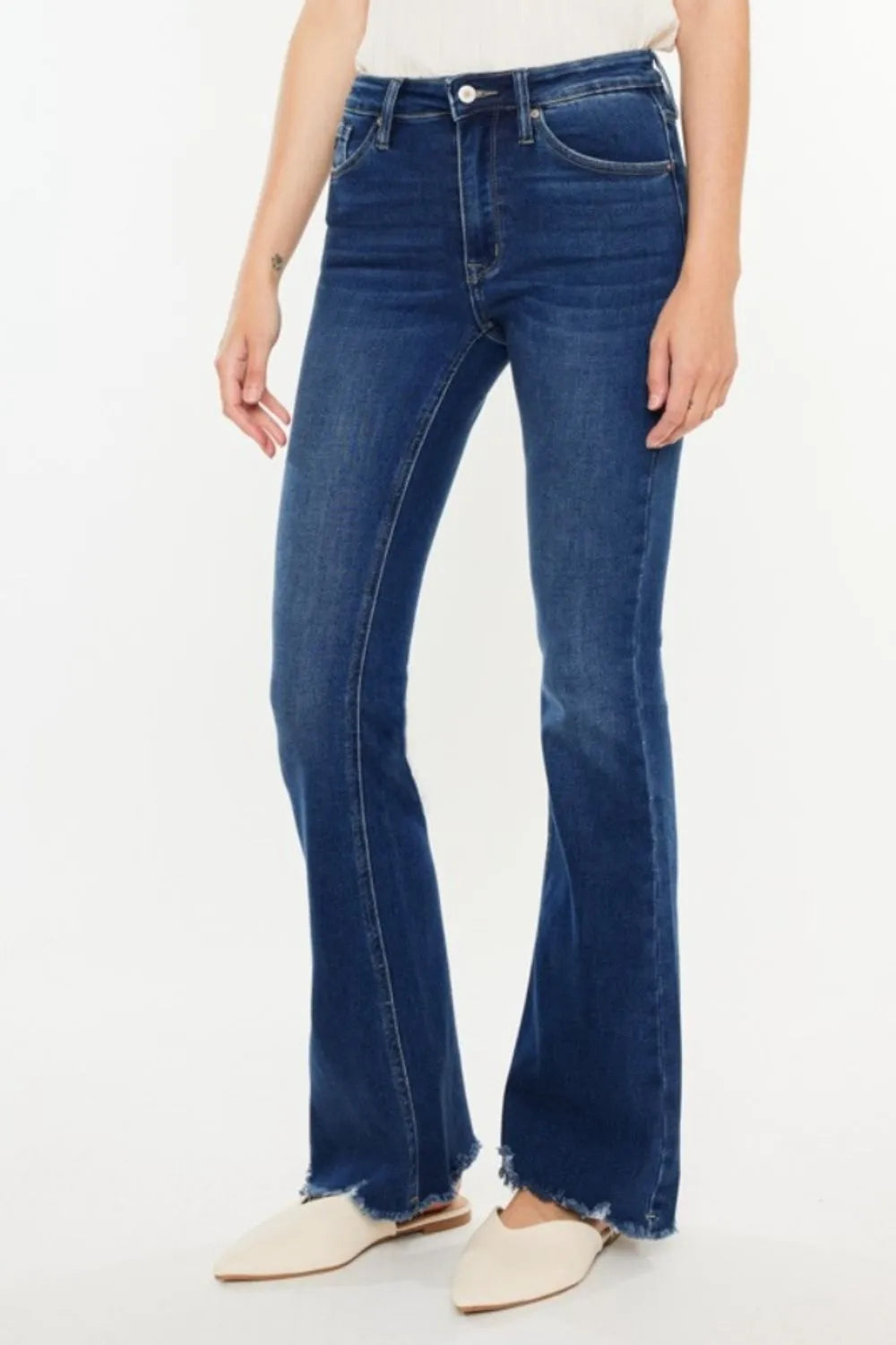 Kancan Cat's Whiskers Raw Hem Flare Jeans DARK - Fashorio