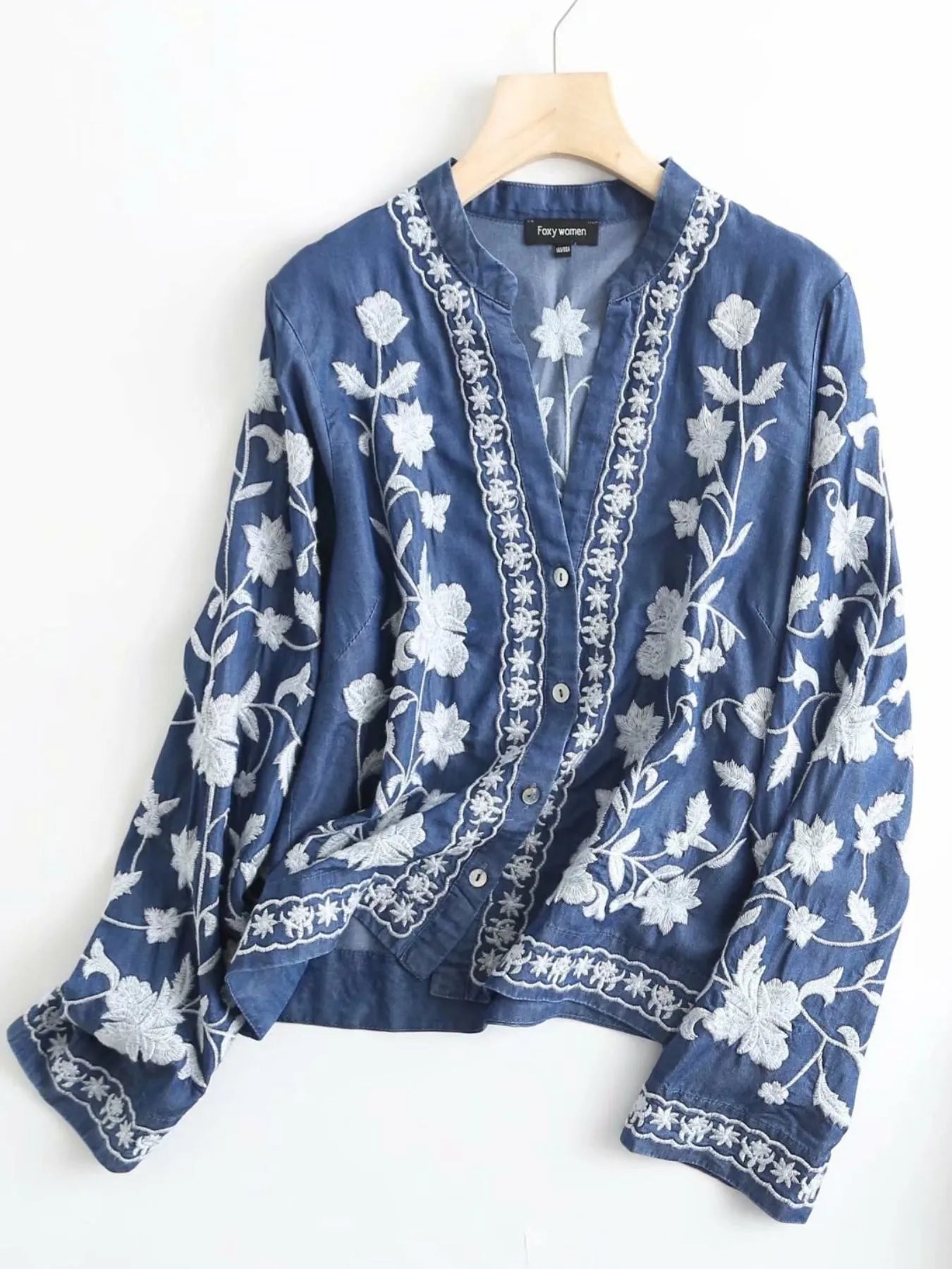 Floral Embroidered Button Up Denim Shirt - Fashorio
