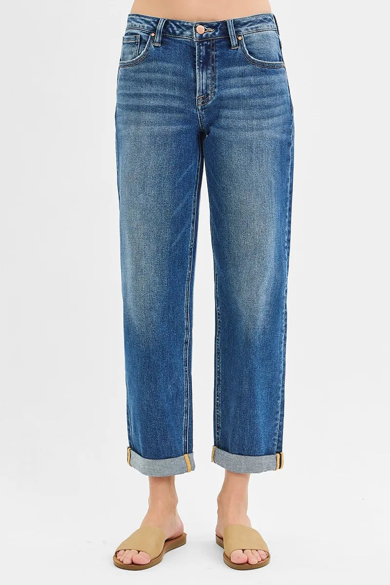 RISEN Full Size Mid Rise Boyfriend Roll Up Jeans Plus Size - Fashorio
