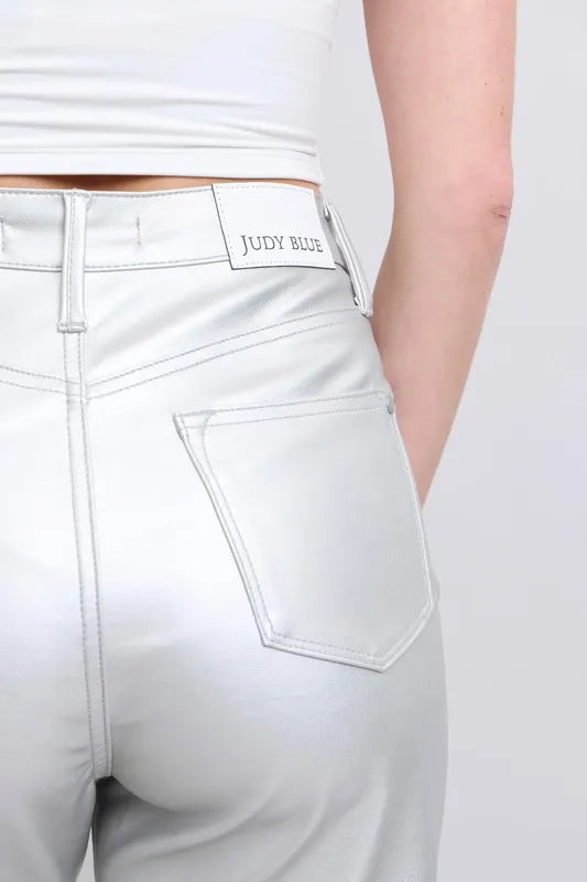 Judy Blue Full Size High Waist Silver Faux Leather Pants Plus Size - Fashorio