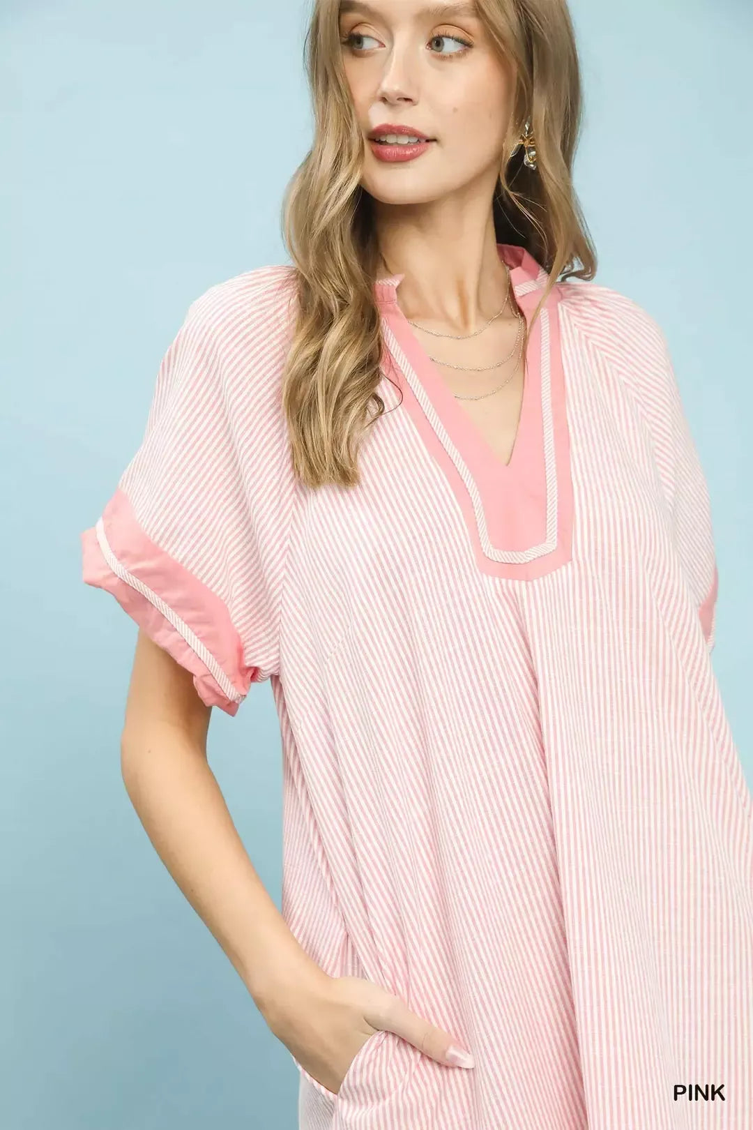 Pinstripe Contrast Trim Midi Dress detail