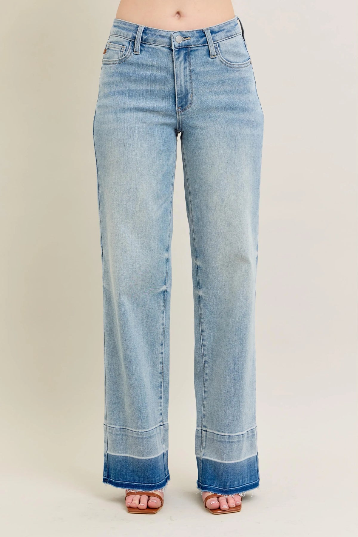 Judy Blue release hem wide leg jeans in light wash front view