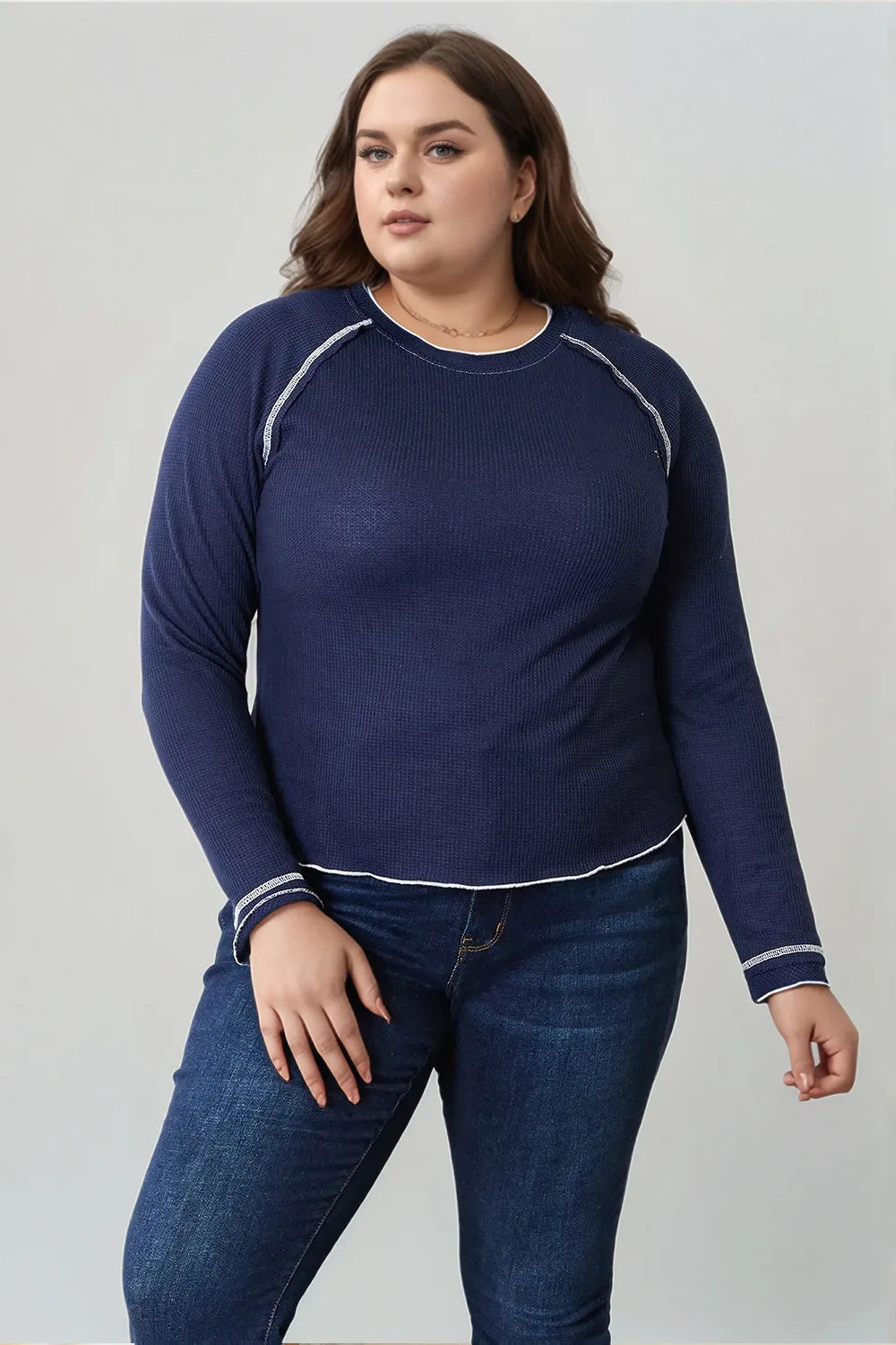 Basic Bae dark blue long raglan sleeve round neck top front view