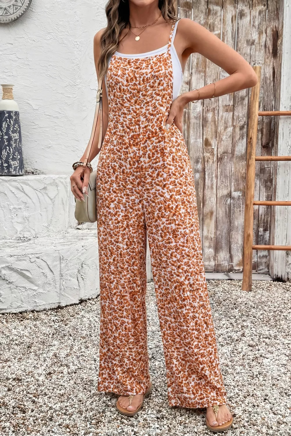 Sherbet floral spaghetti strap wide leg jumpsuit front view