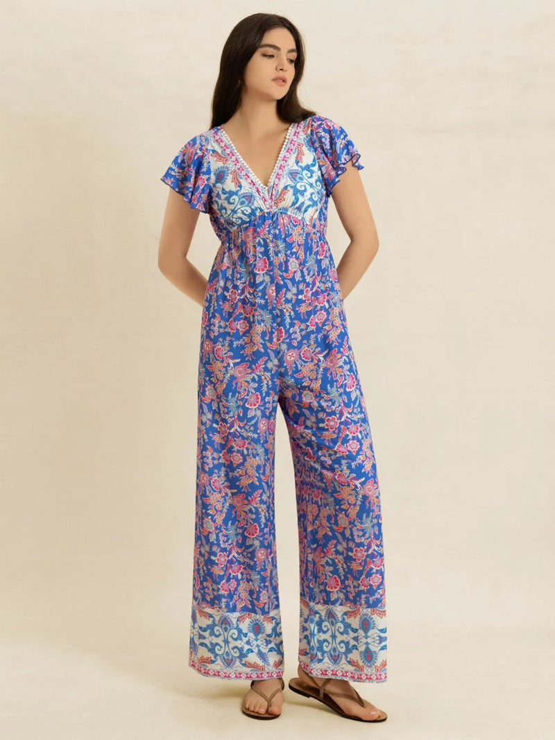 Printed v neck wide leg jumpsuit front view