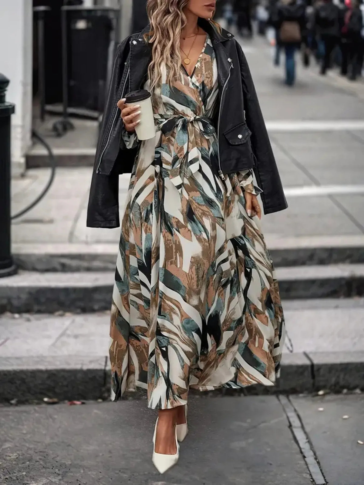 Printed surplice long sleeve maxi dress, side profile