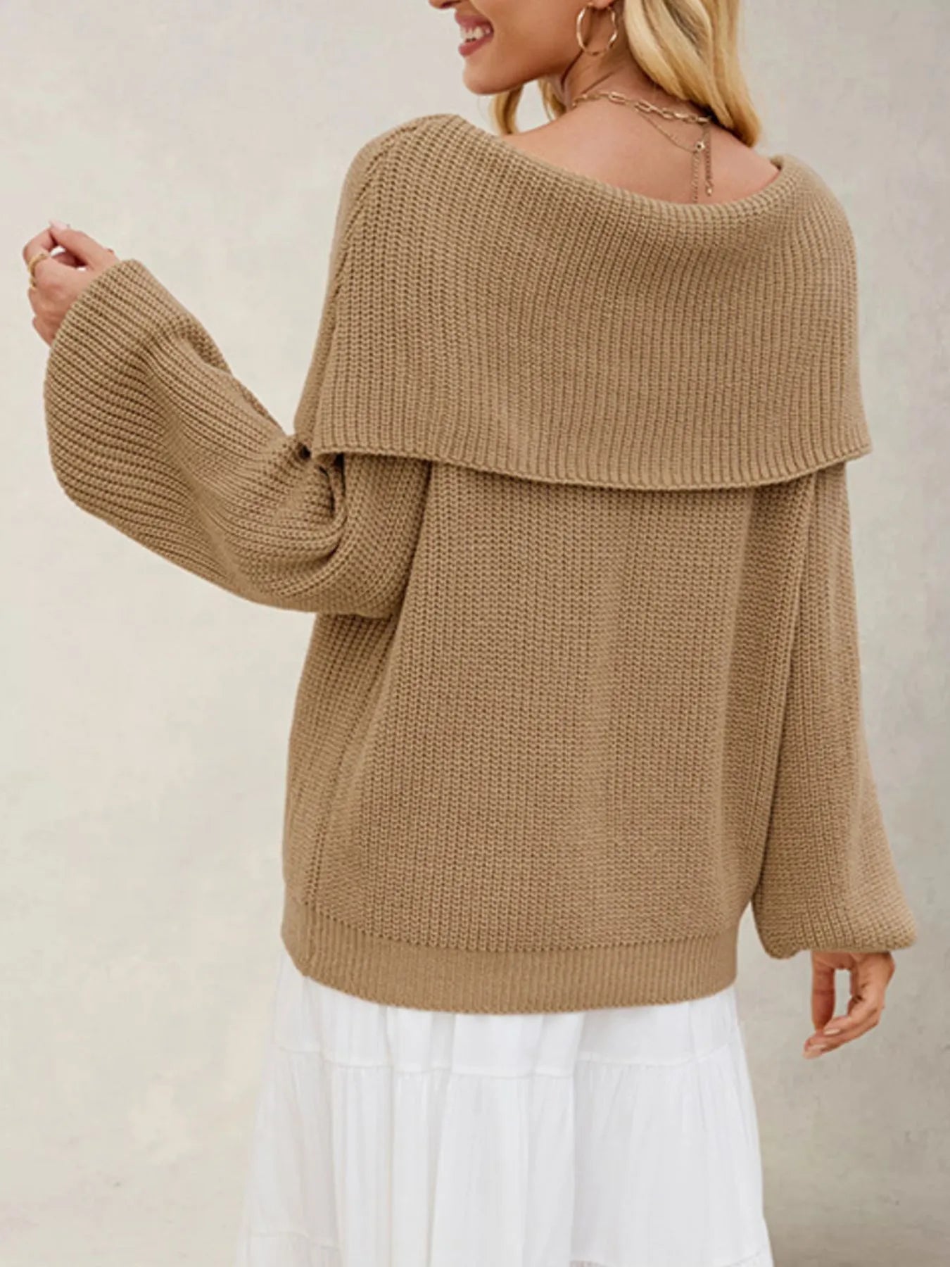 Fold-Over Collar Long Sleeve Sweater - Fashorio