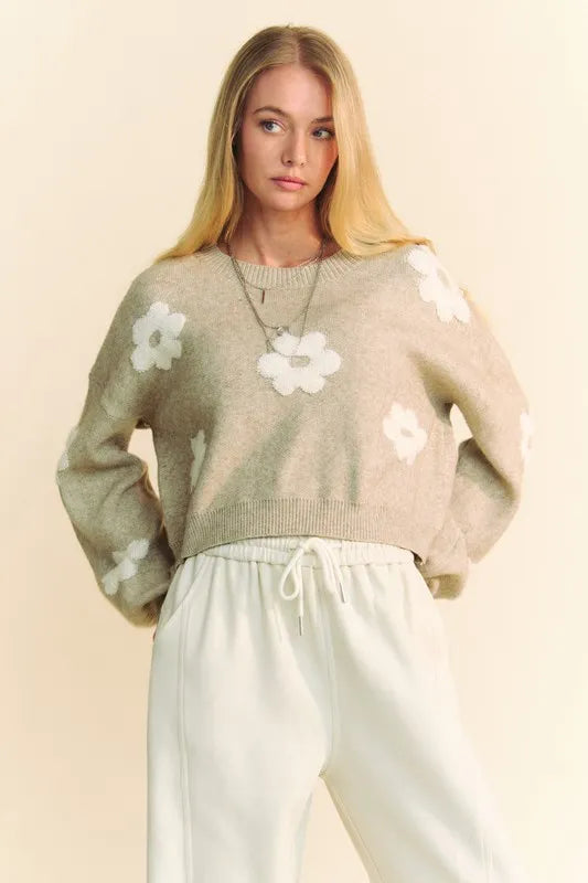 Floral Drop Shoulder Cropped Sweater in Tan detail