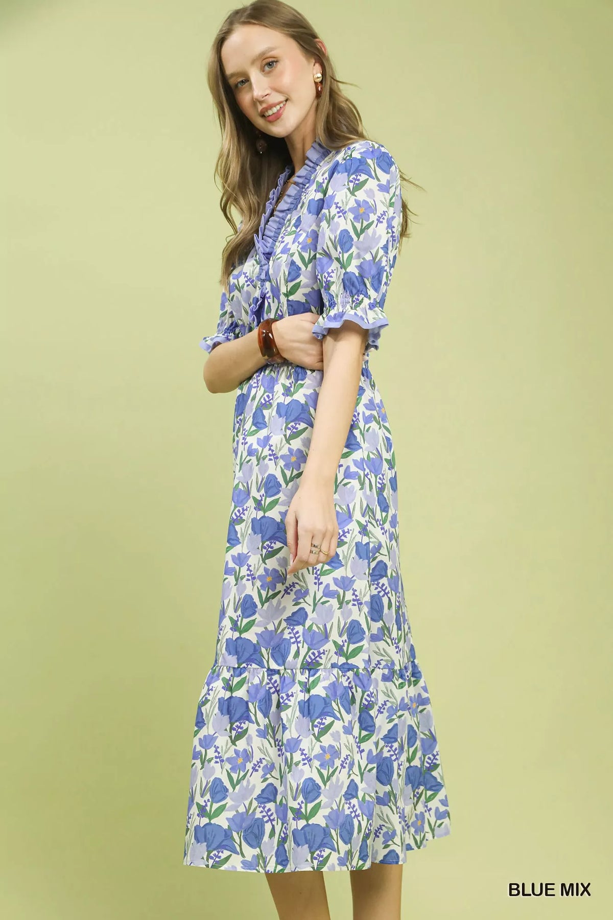 Floral tiered midi dress shown from the front full length