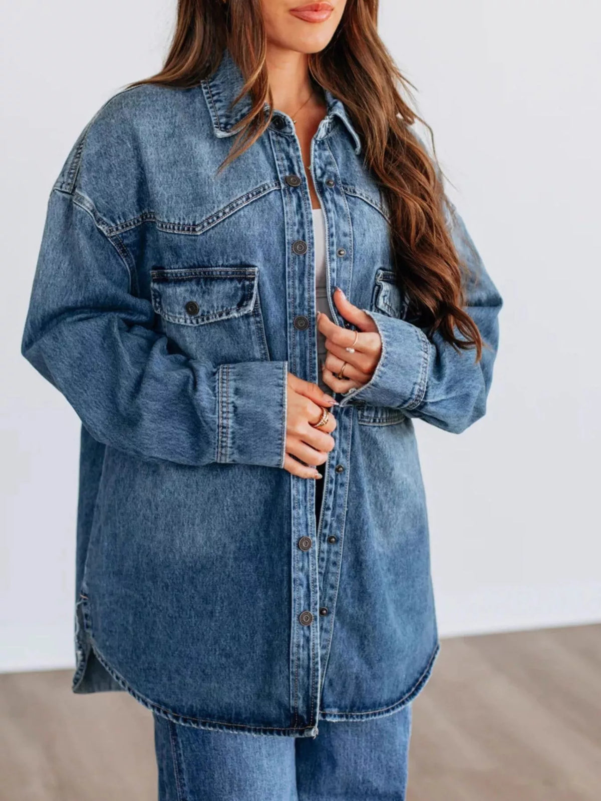 Snap Down Drop Shoulder Denim Jacket in Dark Blue