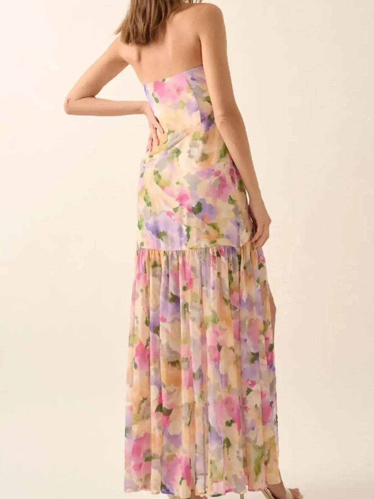Strapless floral ruched maxi dress with side slit side view
