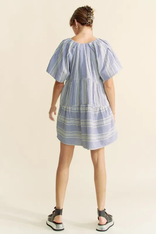 Embroidered Gingham Ruffle Mini Dress in Navy view 9