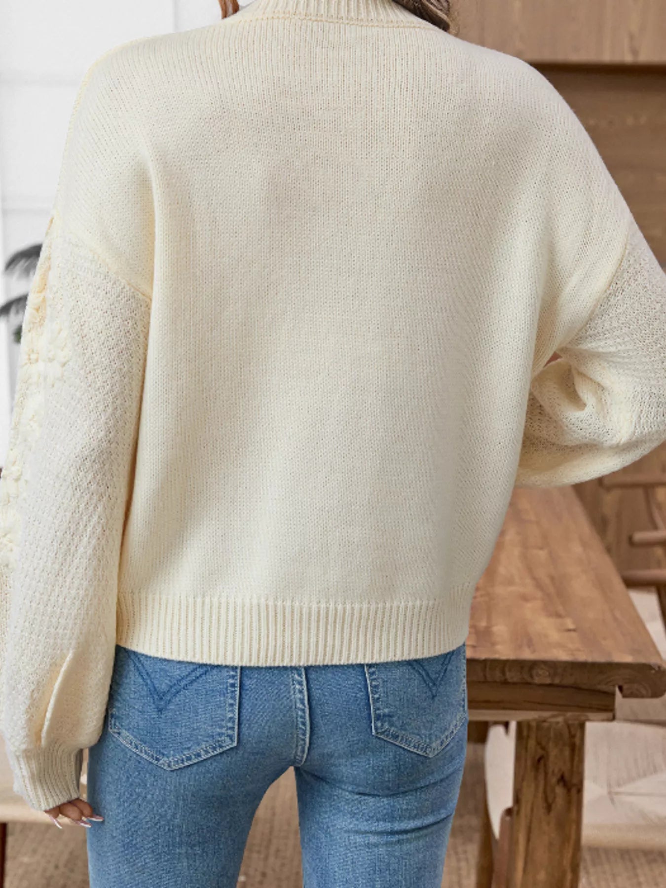 Flower Round Neck Long Sleeve Sweater - Fashorio