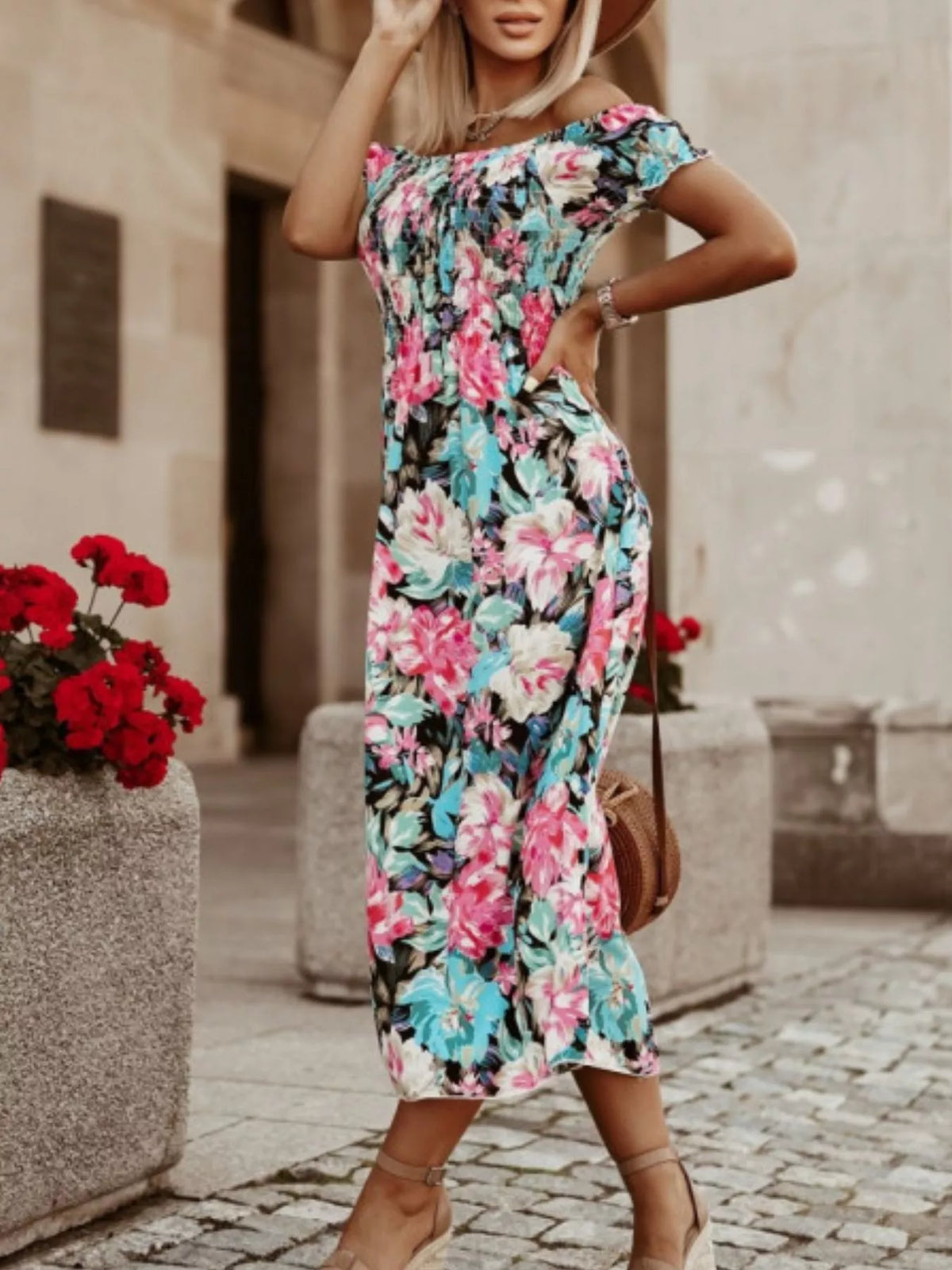 White floral off shoulder ruched midi dress styled view