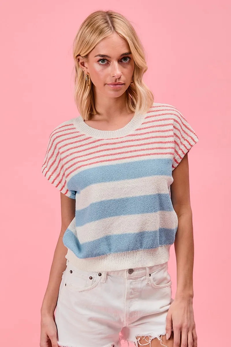 BiBi Stripes Lightweight Short Sleeve Sweater - Fashorio