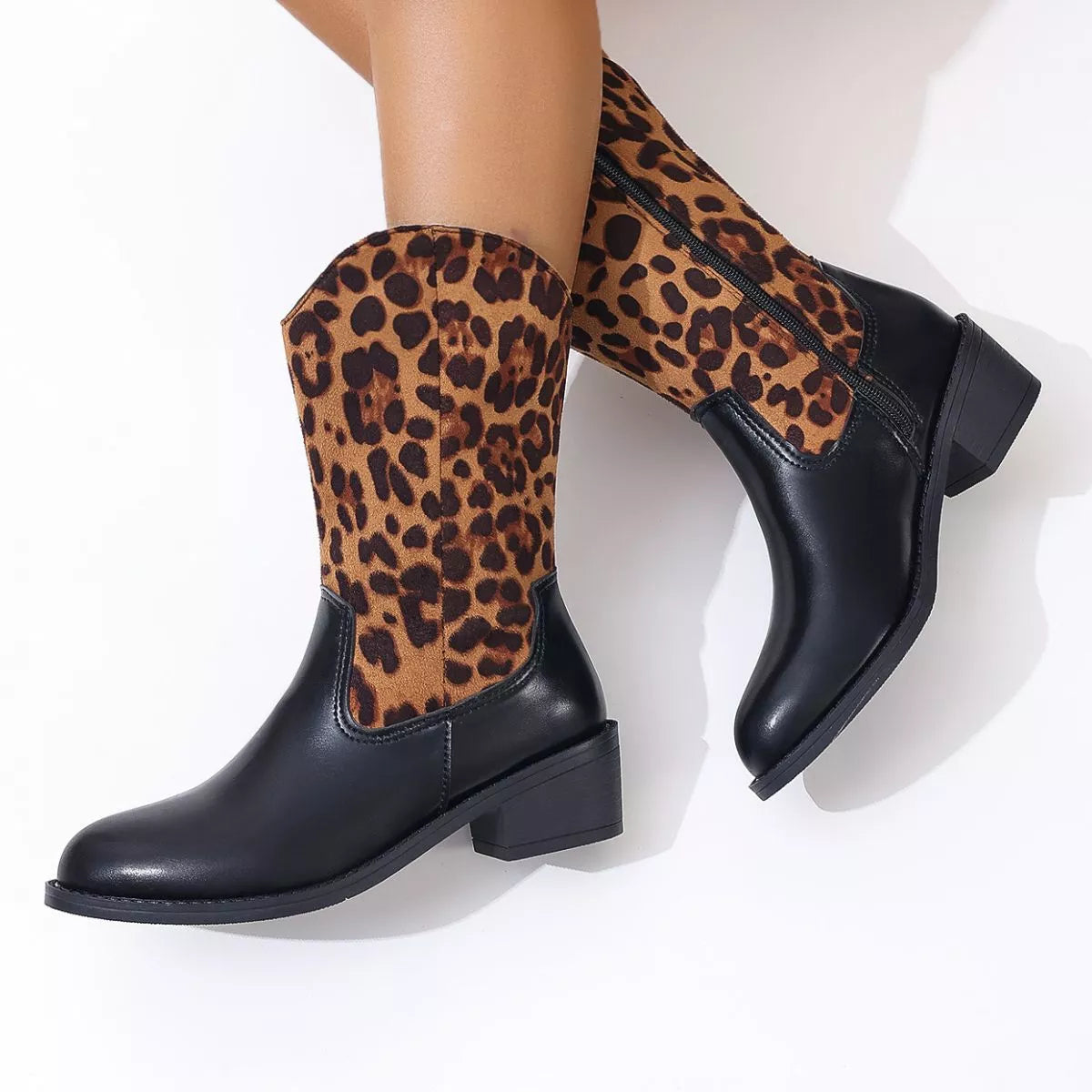Point toe block heel boots front view