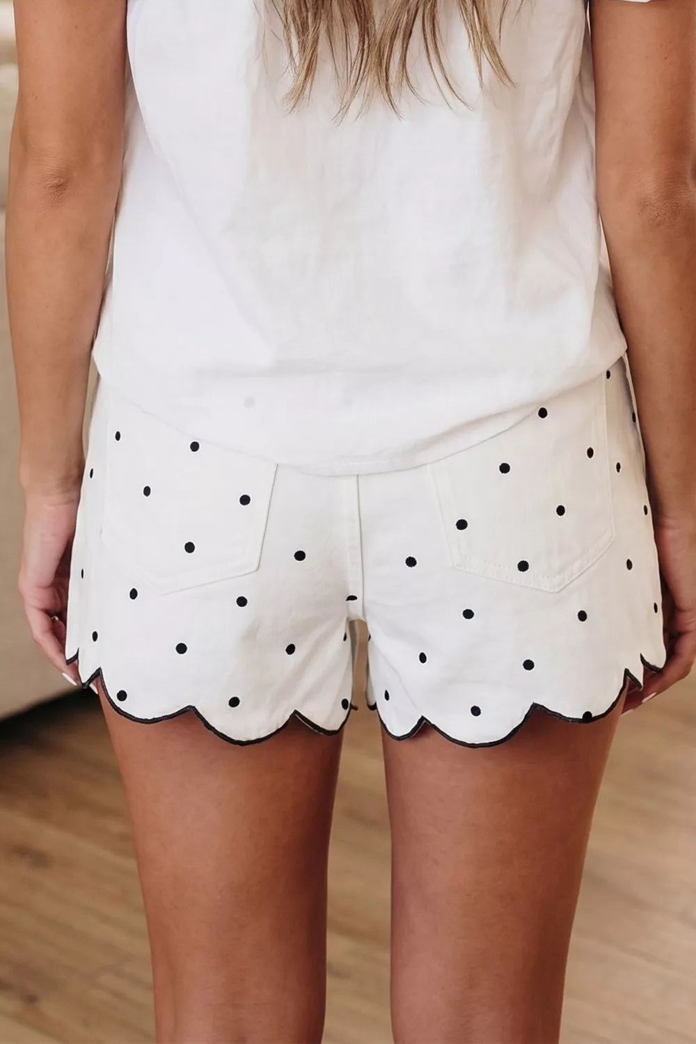 Polka dot shorts scalloped hem detail
