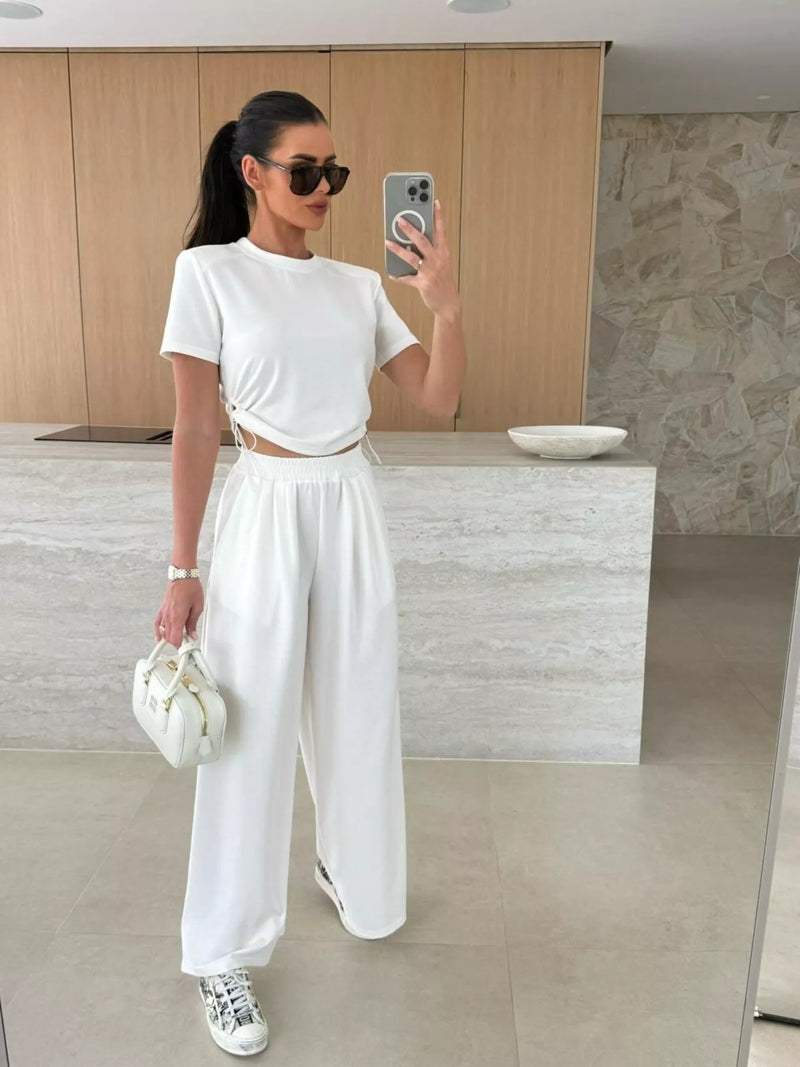 Drawstring crop top and wide leg pants set front view