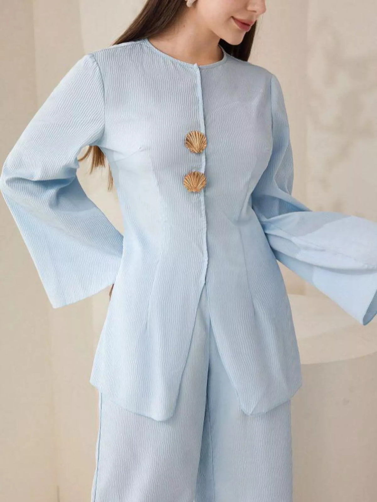 Long sleeve shell button shirt and matching pants full outfit