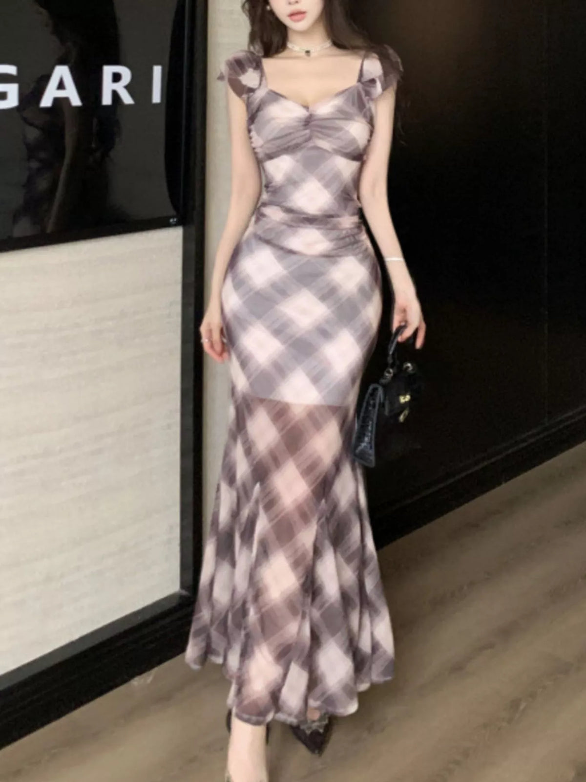 Plaid ruffle cap sleeve bodycon dress back view