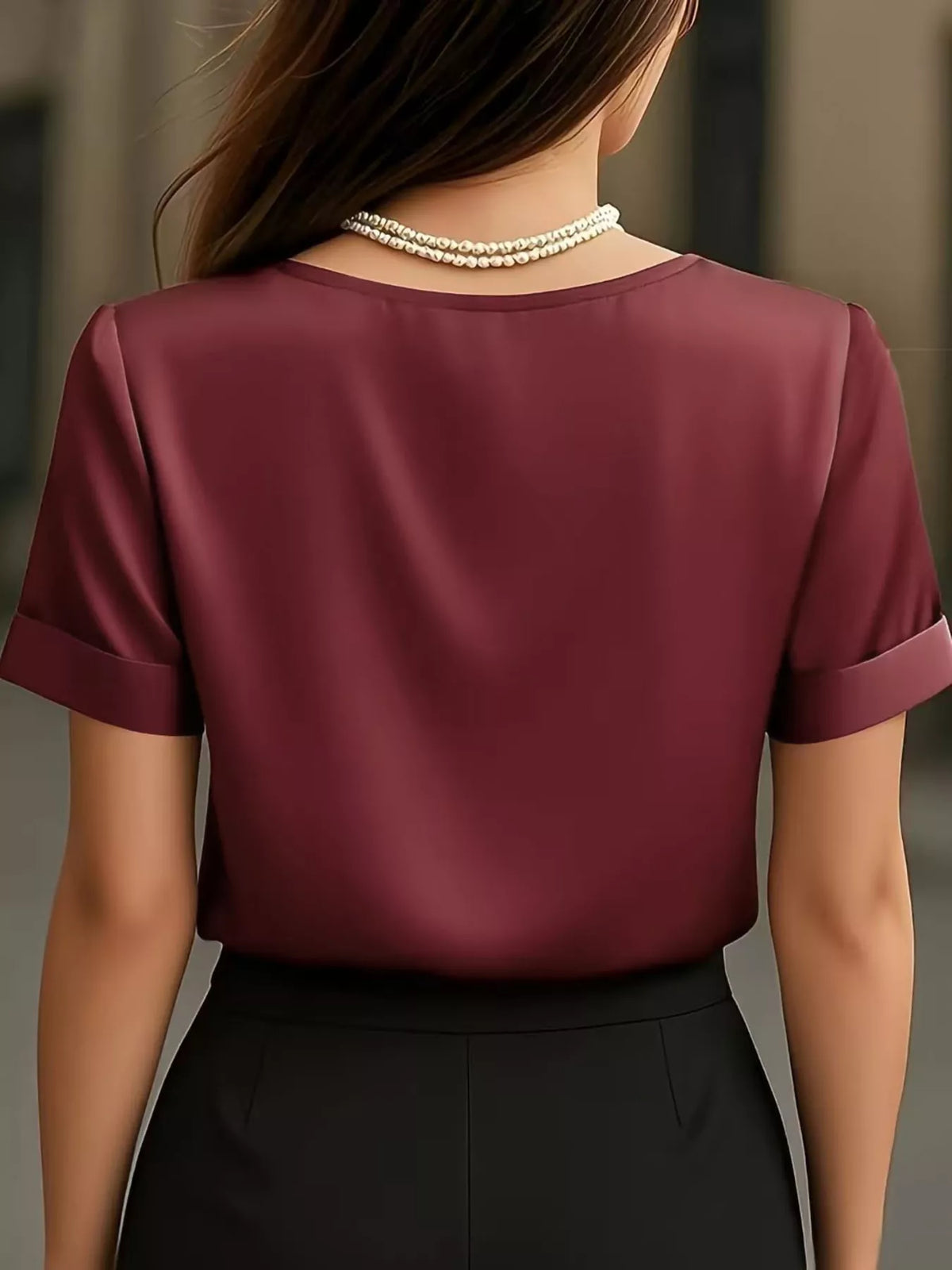Satin v neck short sleeve blouse three quarter view