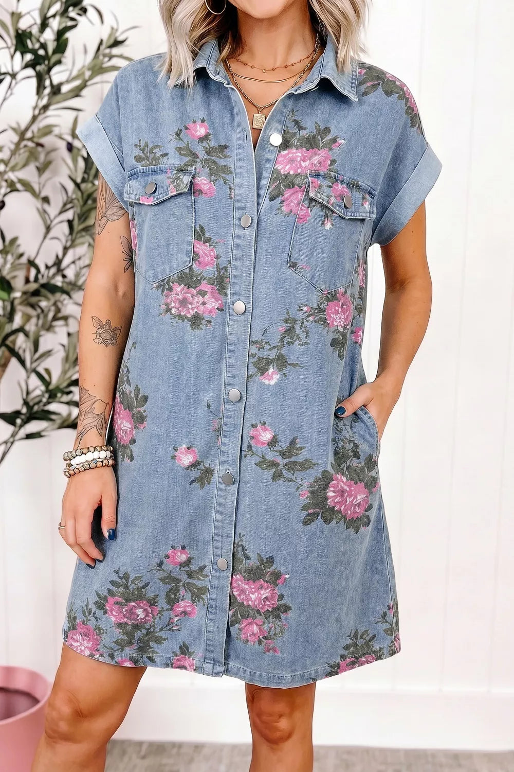 Floral denim shirt dress button front detail
