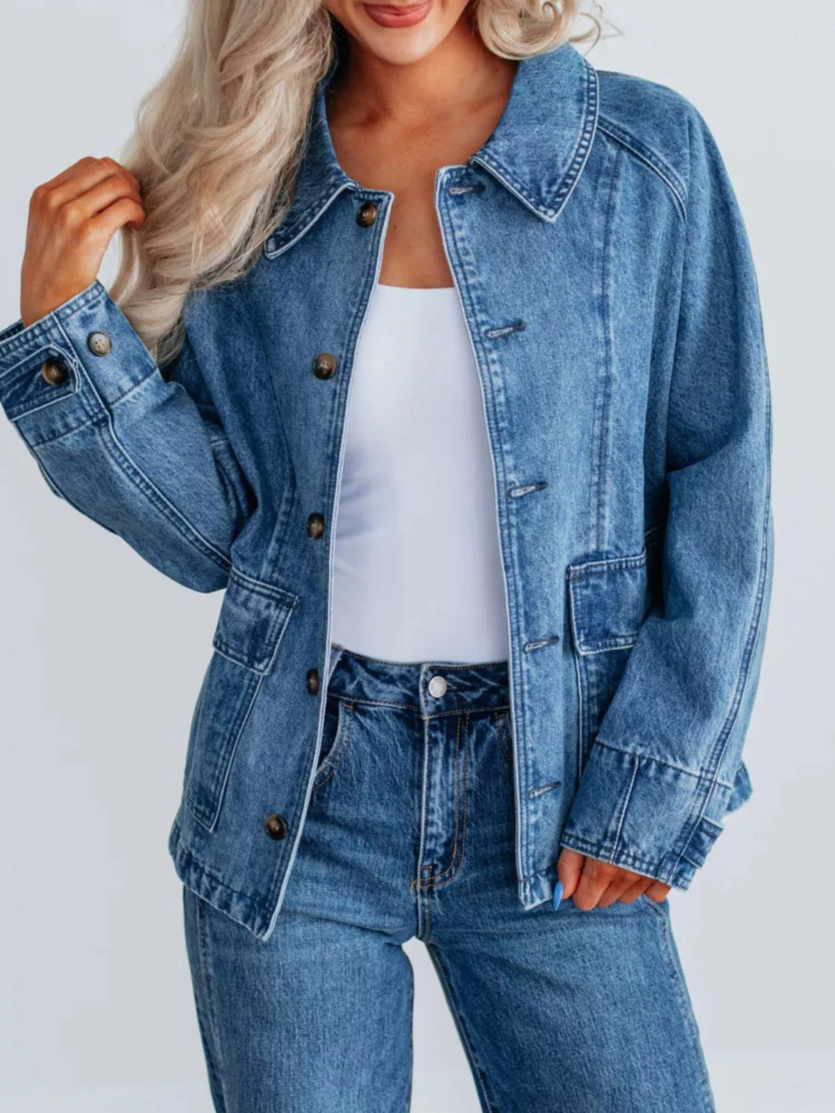 Raglan Sleeve Button Up Denim Jacket in Blue
