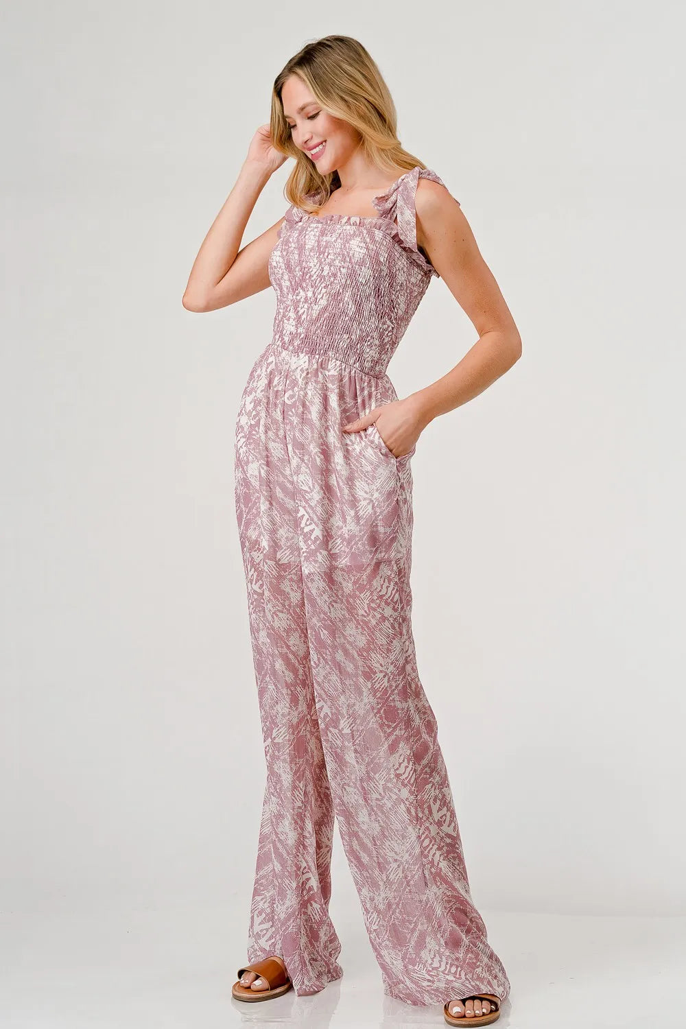 Printed Tie Shoulder Wide Leg Jumpsuit side view