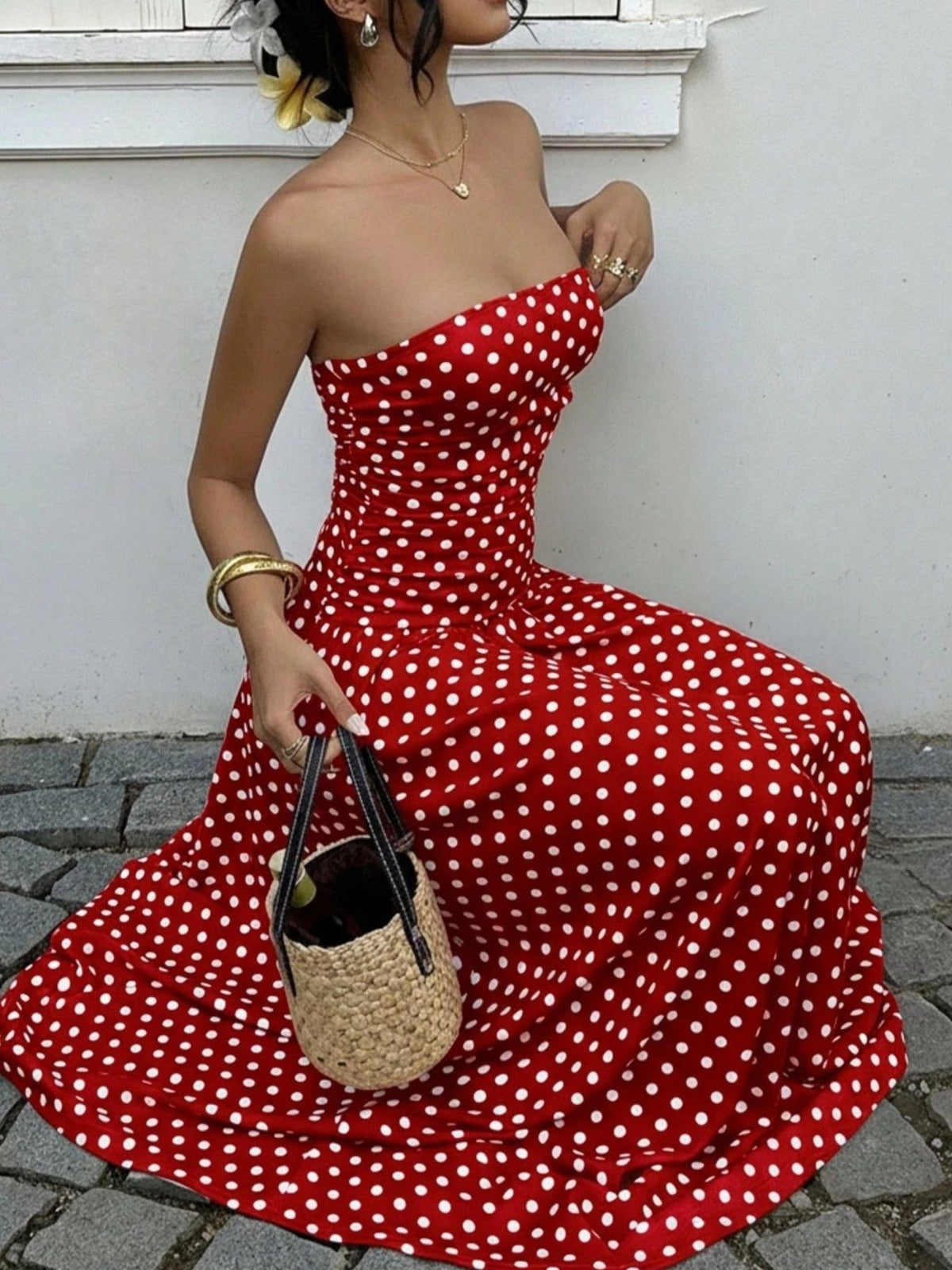 Polka dot strapless maxi dress full length view