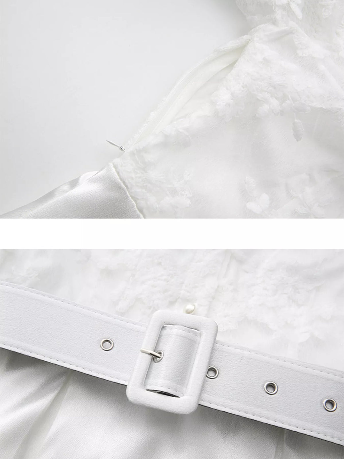 Brocade lace lantern sleeve belted maxi dress in white lace and pearl button close view
