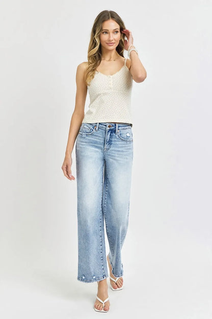 RISEN Full Size Tummy Control High Rise Crop Wide Leg Jeans - Fashorio