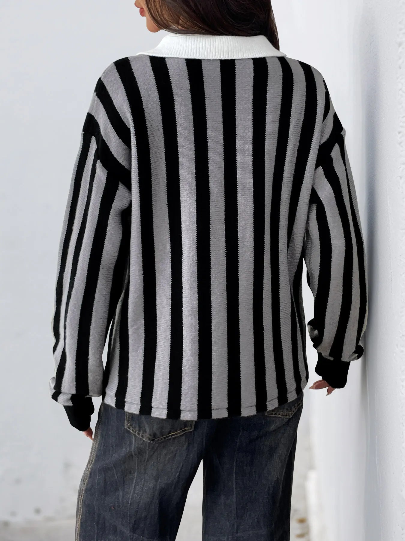 Striped Button Front Long Sleeve Sweater - Fashorio