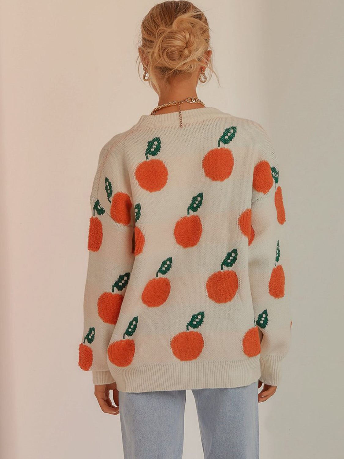 Printed Round Neck Drop Shoulder Sweater - Fashorio