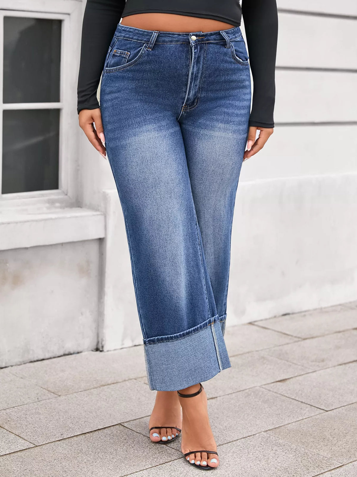 Dark blue wide leg denim side view