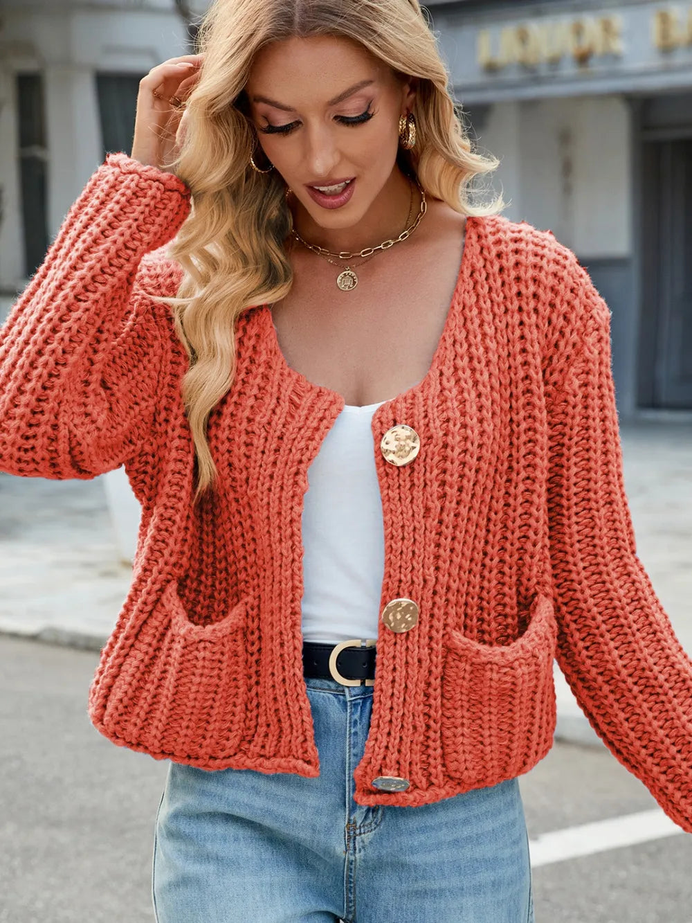 Round Neck Button Up Cardigan with Pockets - Fashorio