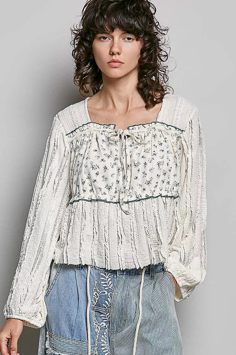 POL square neck lace balloon sleeve top in cream, front view