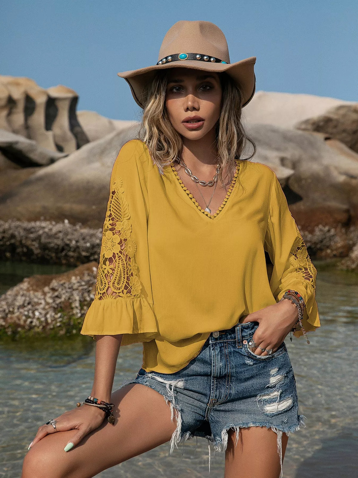 Lace Sleeve V-Neck Blouse, view 16