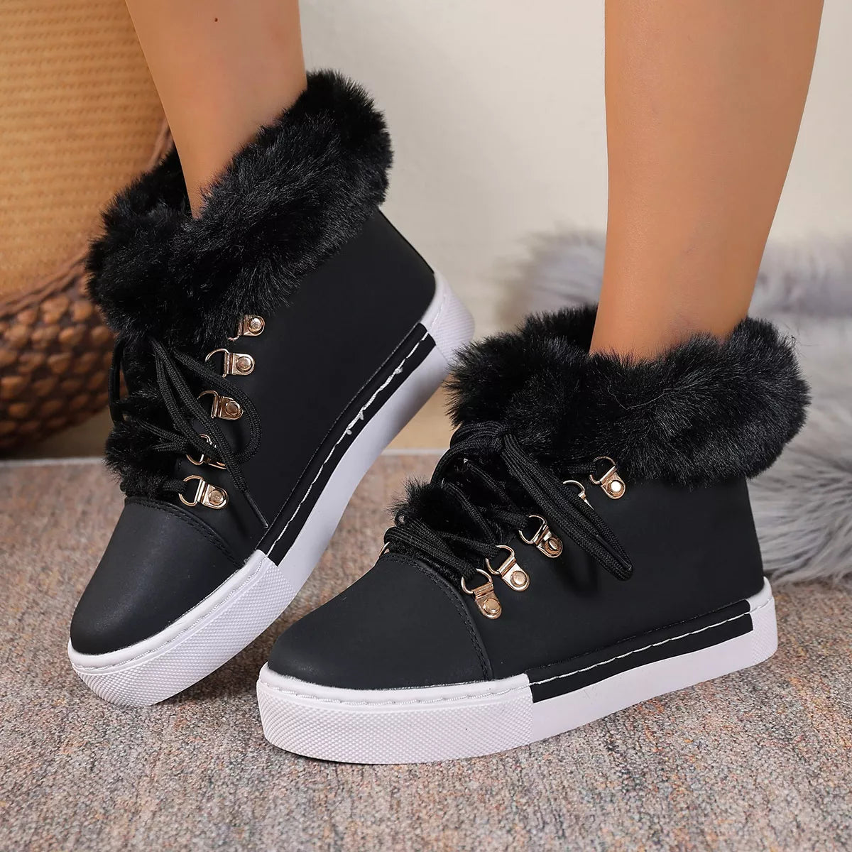Fur lined round toe platform boots styled on model